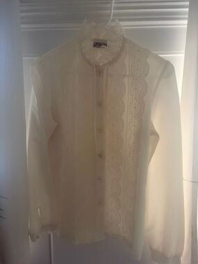 Vintage 60s Jolene Fashions Cream Lace Blouse Button Down Size S